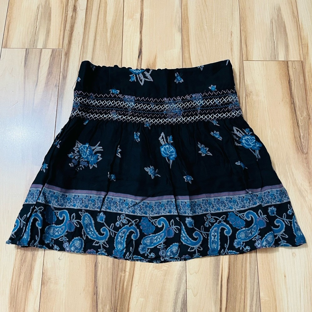 Free People Paisley Ruffle Mini Skirt Size S Blue Elastic Waist Festival Boho